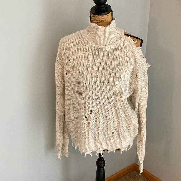 Miss Sparkling Sweaters - Cozy Cream Distressed Turtleneck Sweater No Size Tag